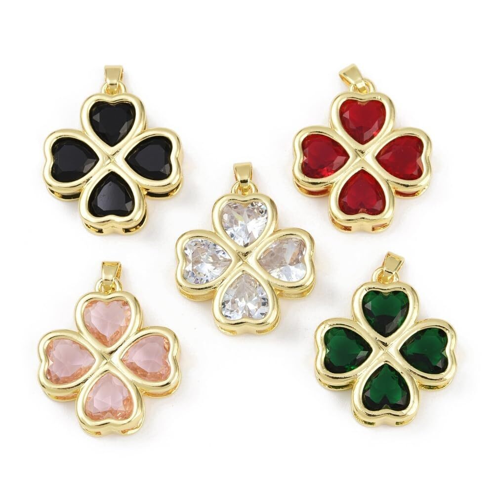 2529 5Pcs Colorful Brass Patrick Day Leaf Charms Four Leaf Clover Glass